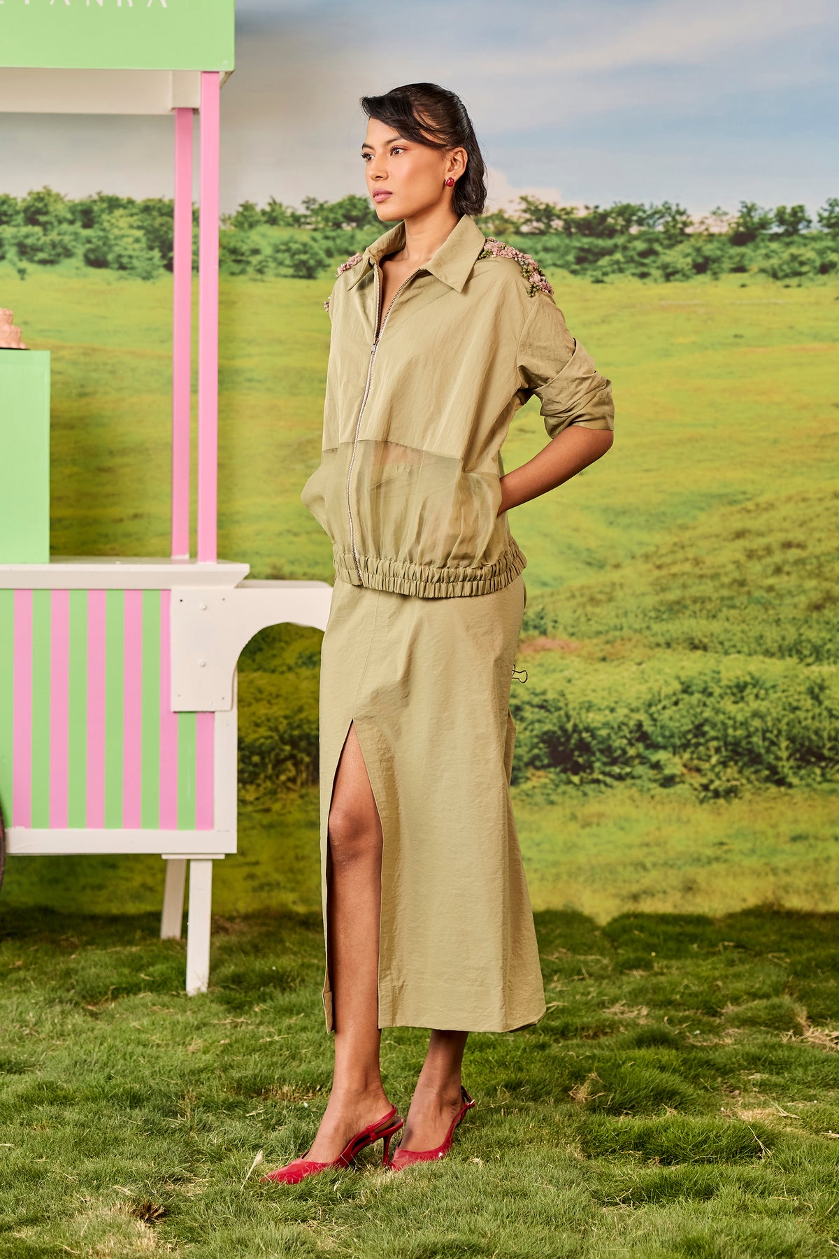 OLIVE BOMBER AND SKIRT JUNO SET