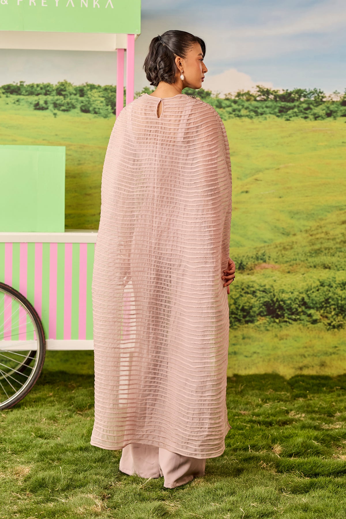 POWDER PINK LONG PINTUCKS CAPE CELINE COORD SET
