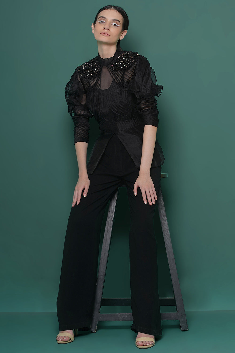 Black embellished pintucks coord set