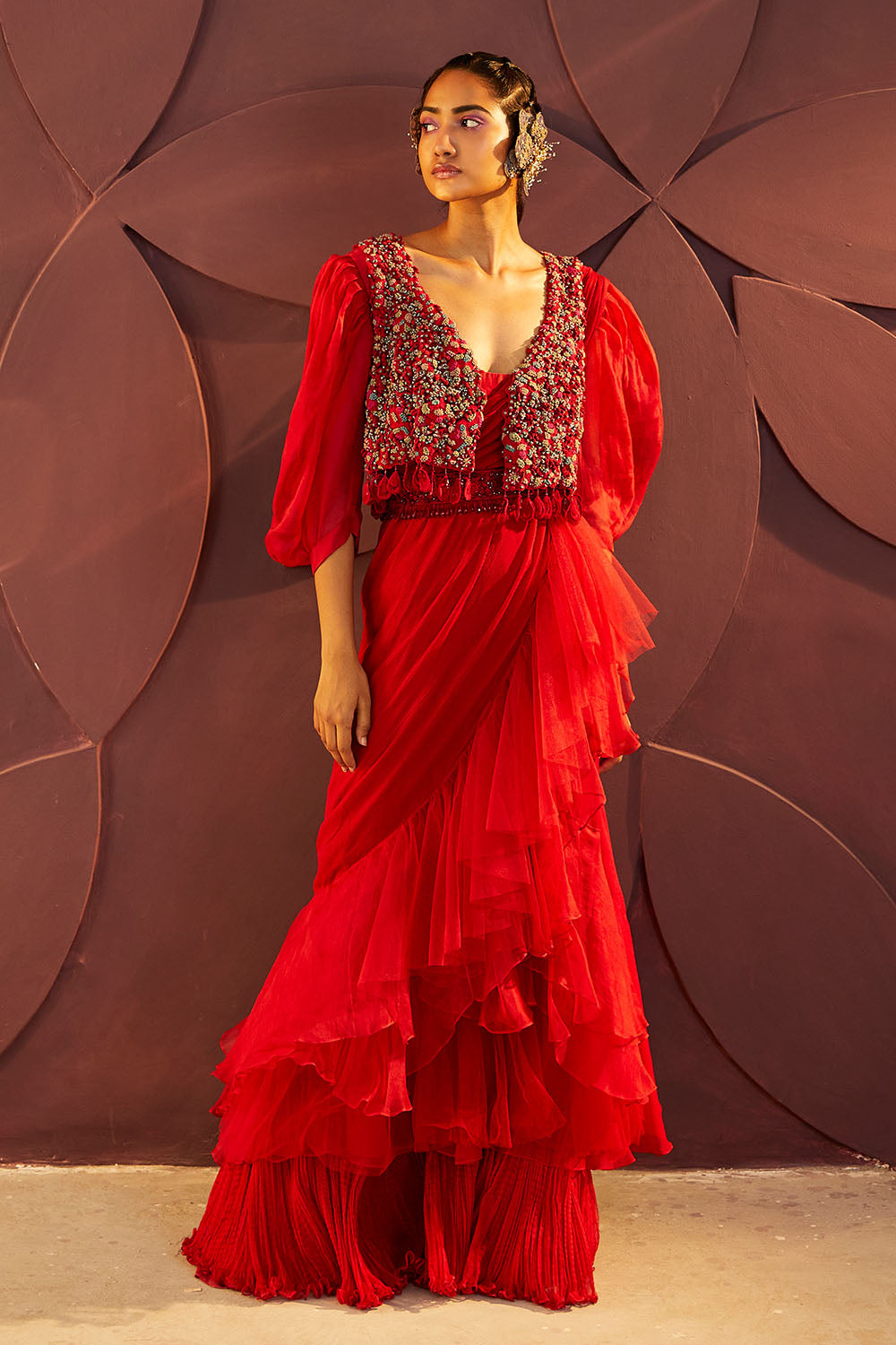 Rouge Ruffled Sari set