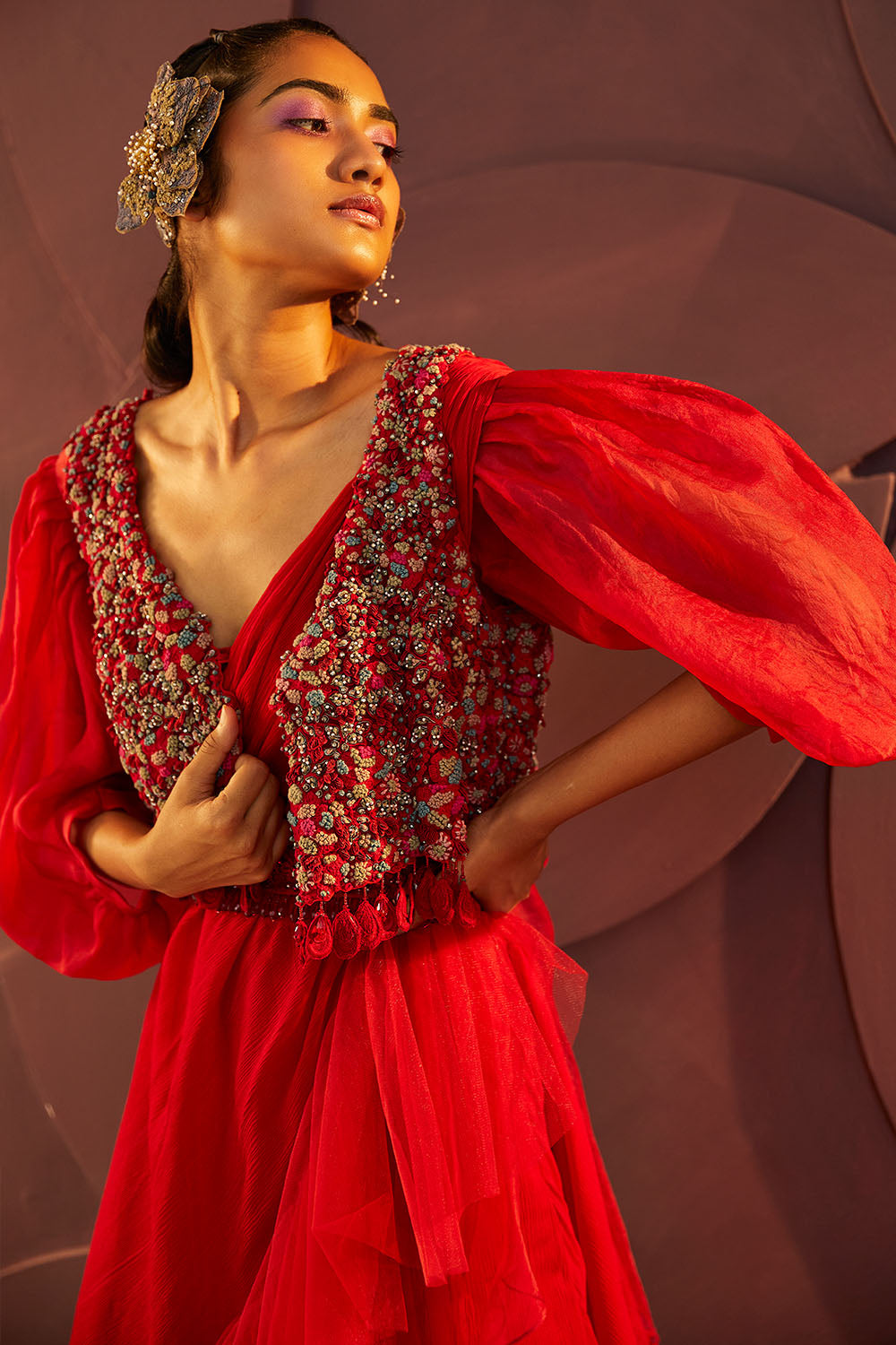 Rouge Ruffled Sari set