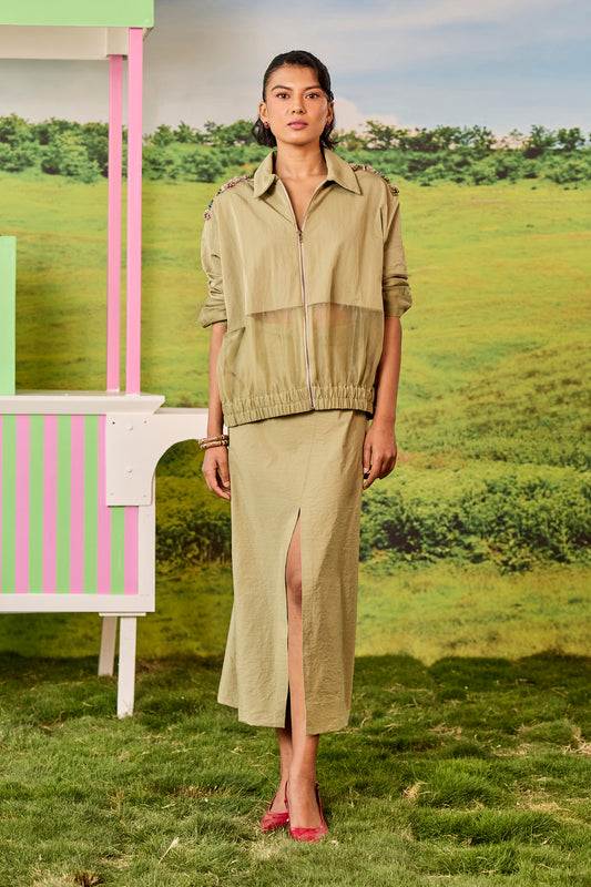 OLIVE BOMBER AND SKIRT JUNO SET