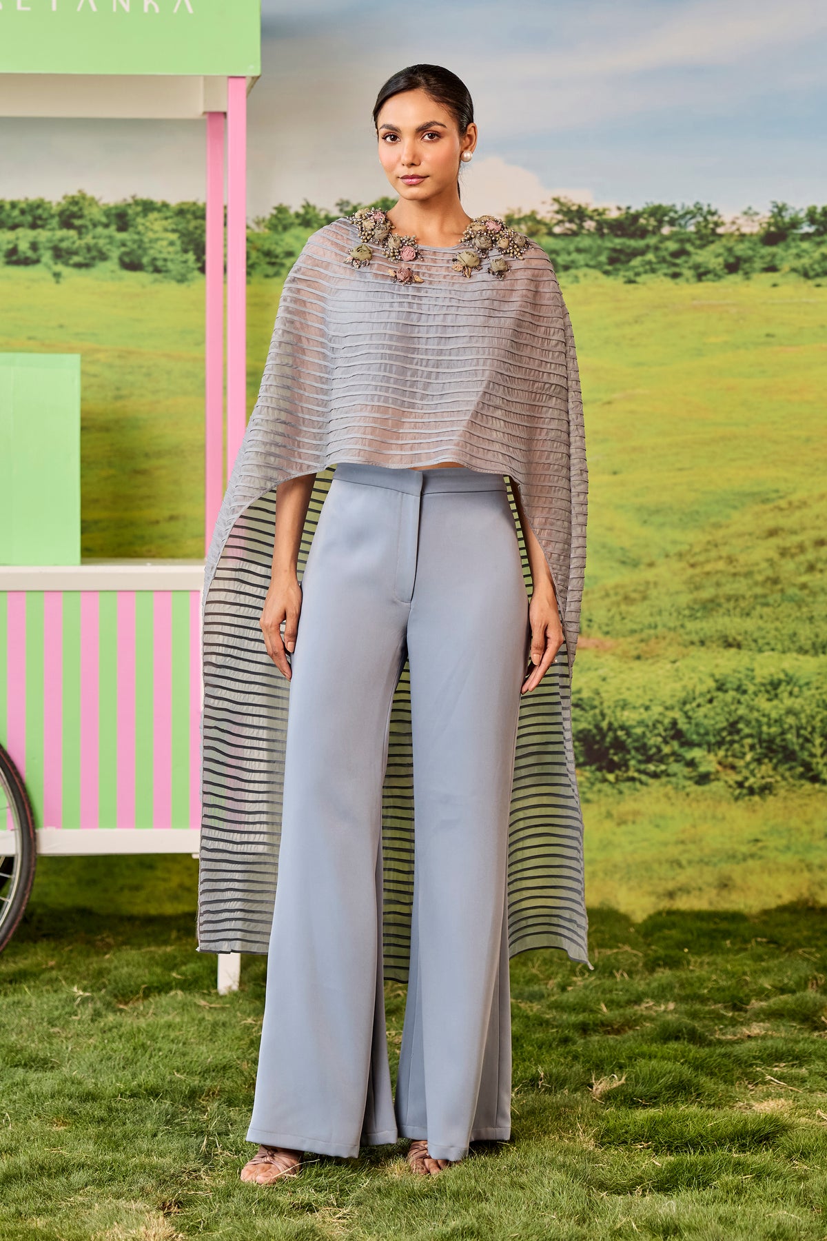 GUNMETAL LONG PINTUCKS CAPE COORD CELINE SET