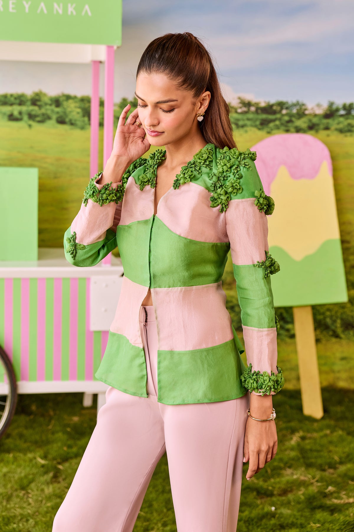 PINK AND GREEN KIKI COORD PANTS SET