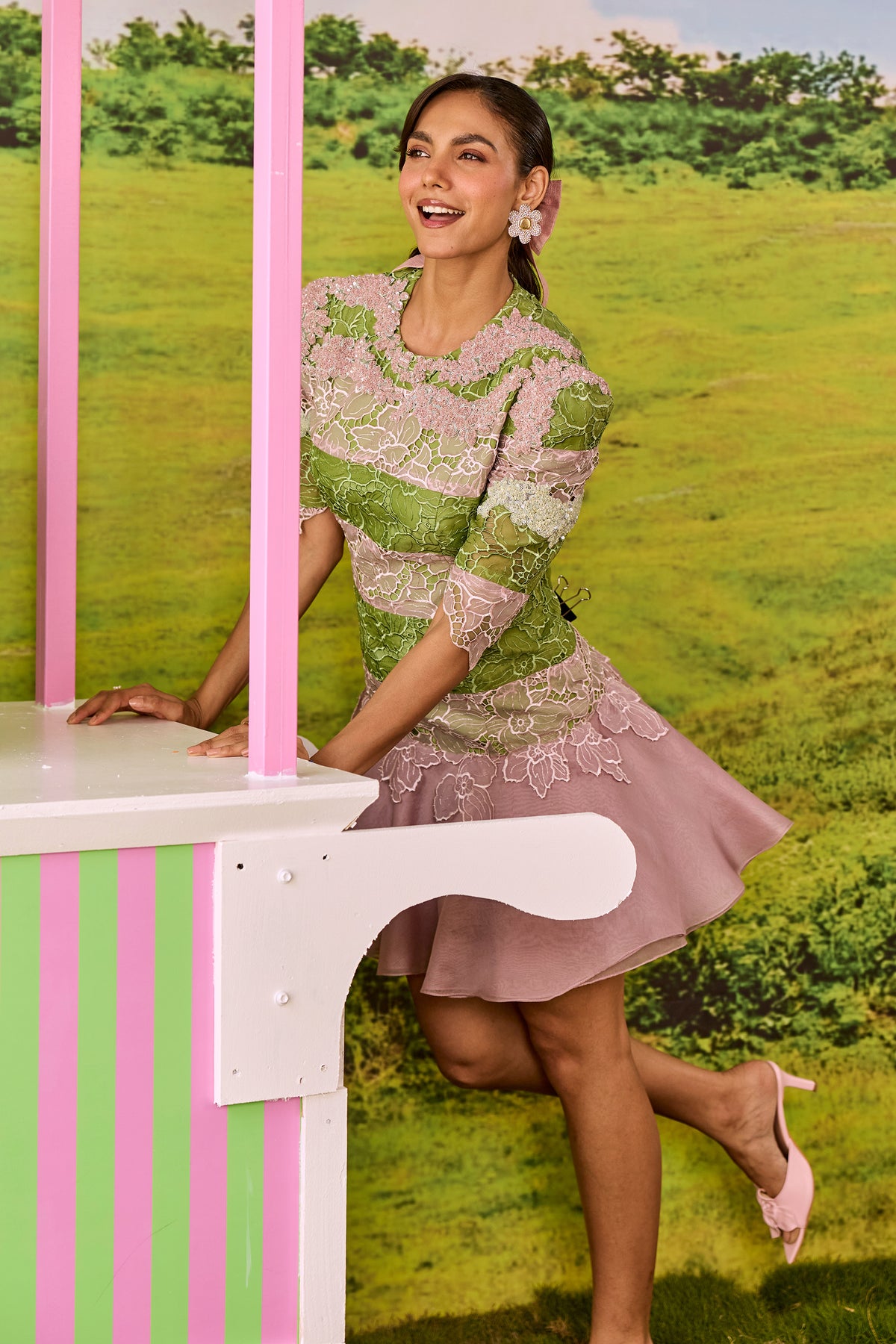 PINK AND GREEN STRIPED PORTIA DRESS