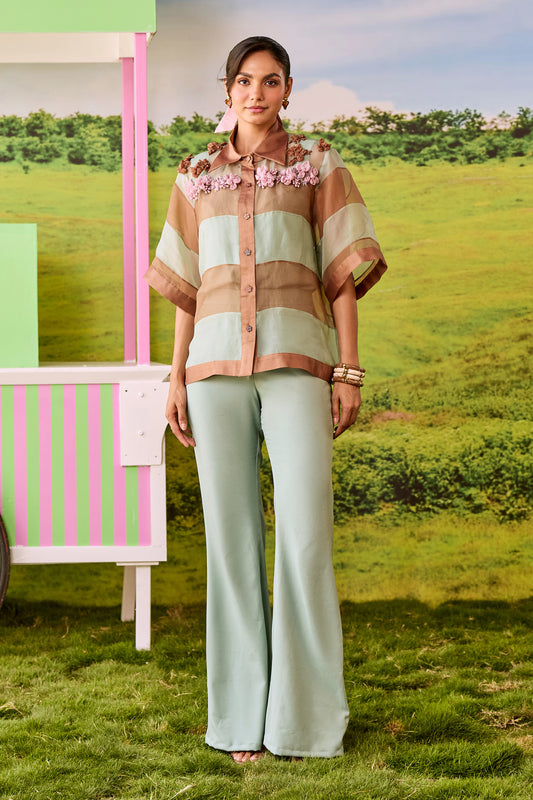POWDER BLUE AND BROWN MIU MIU COORD SET