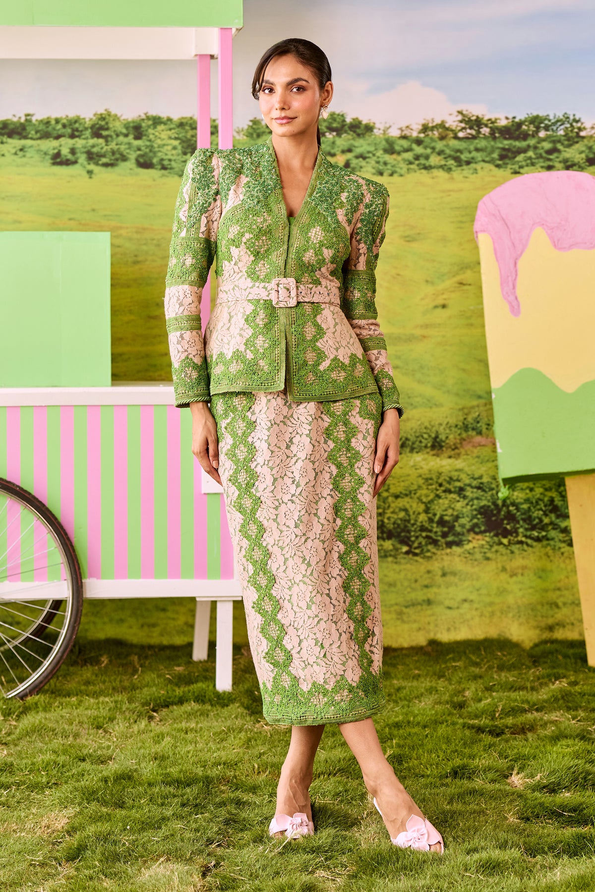 LEAF GREEN AND BEIGE EMILY SET - STRIGHT SKIRT