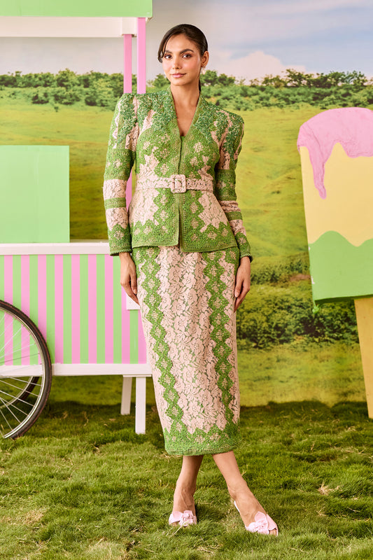 LEAF GREEN AND BEIGE EMILY SET - STRIGHT SKIRT