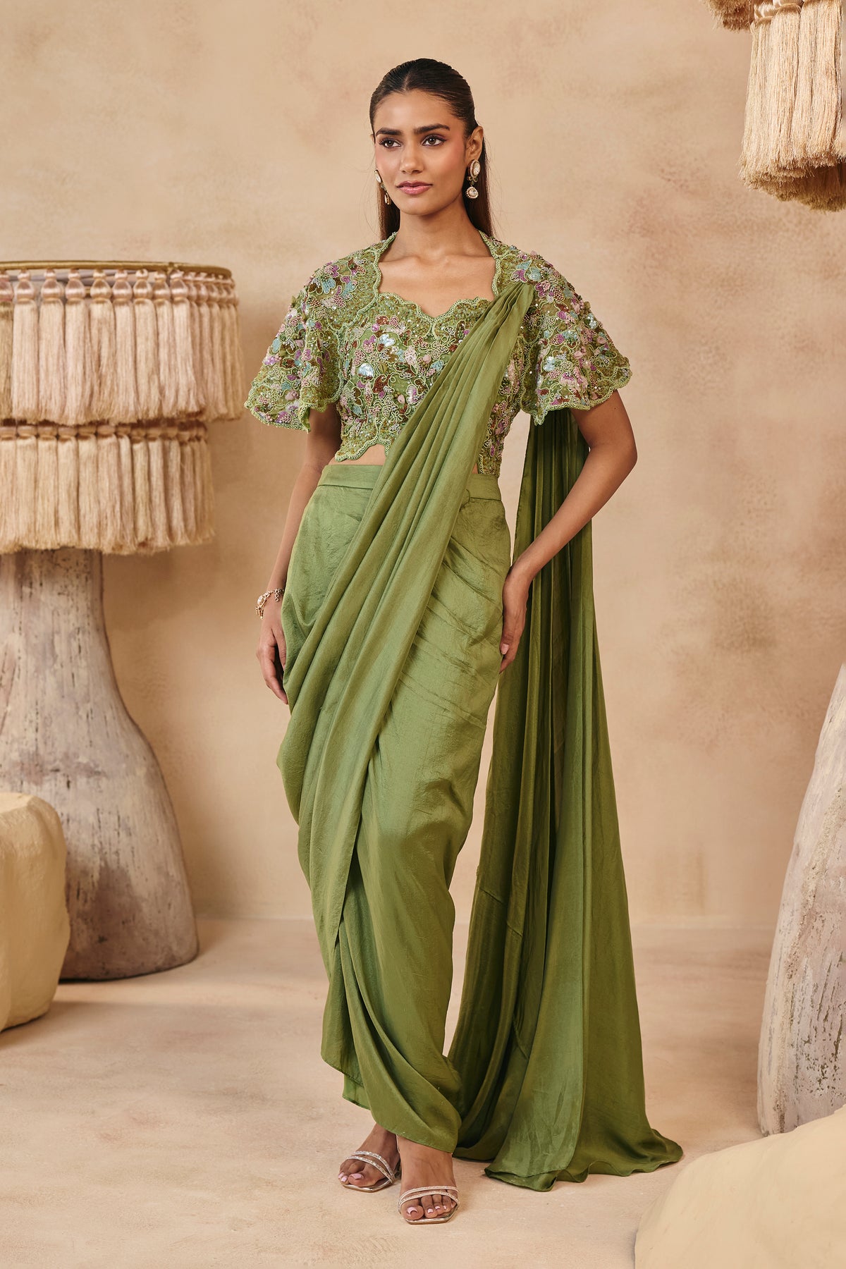 Fiza Saree Set - Olive Green