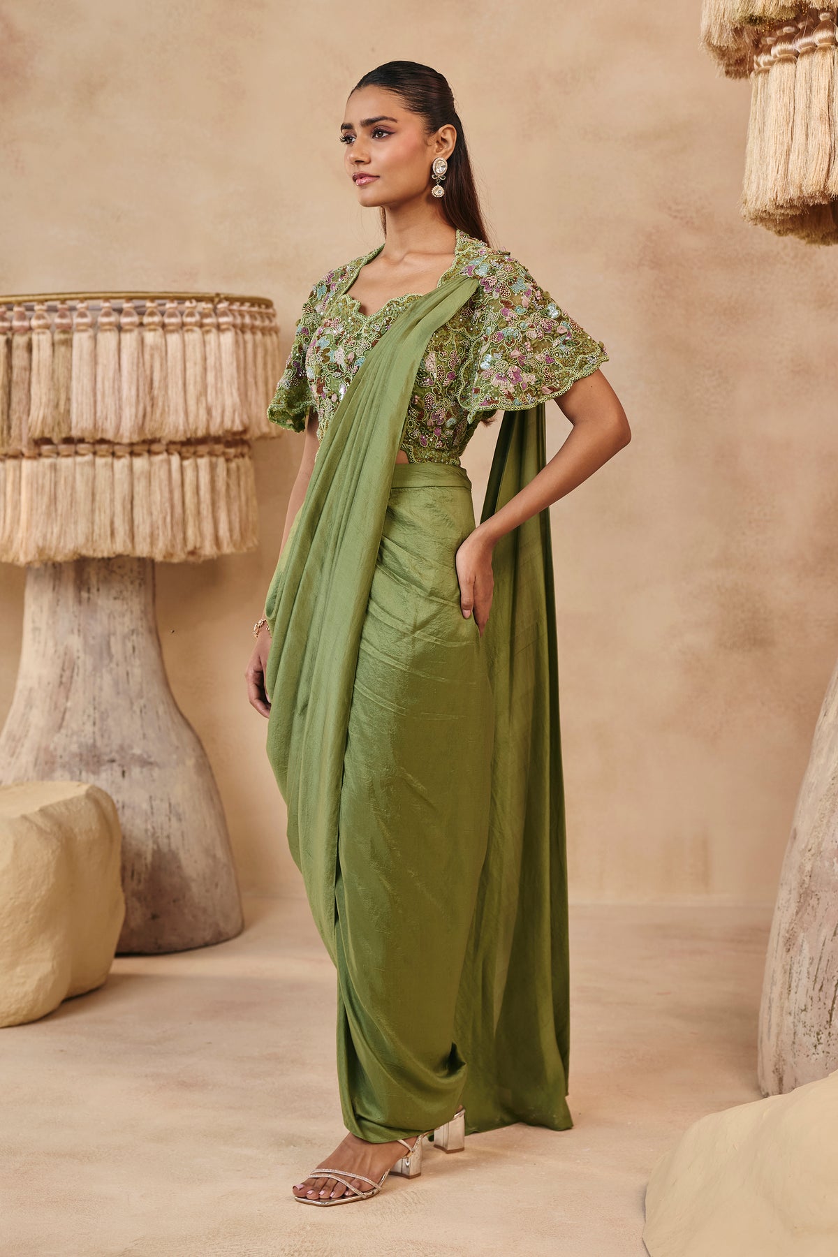 Fiza Saree Set - Olive Green