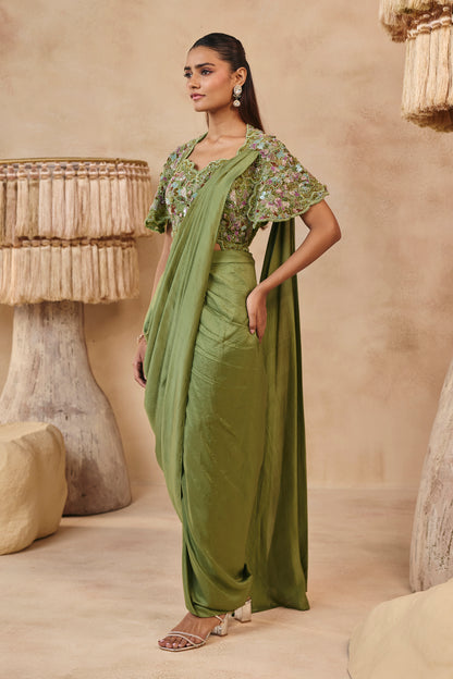 Fiza Saree Set - Olive Green