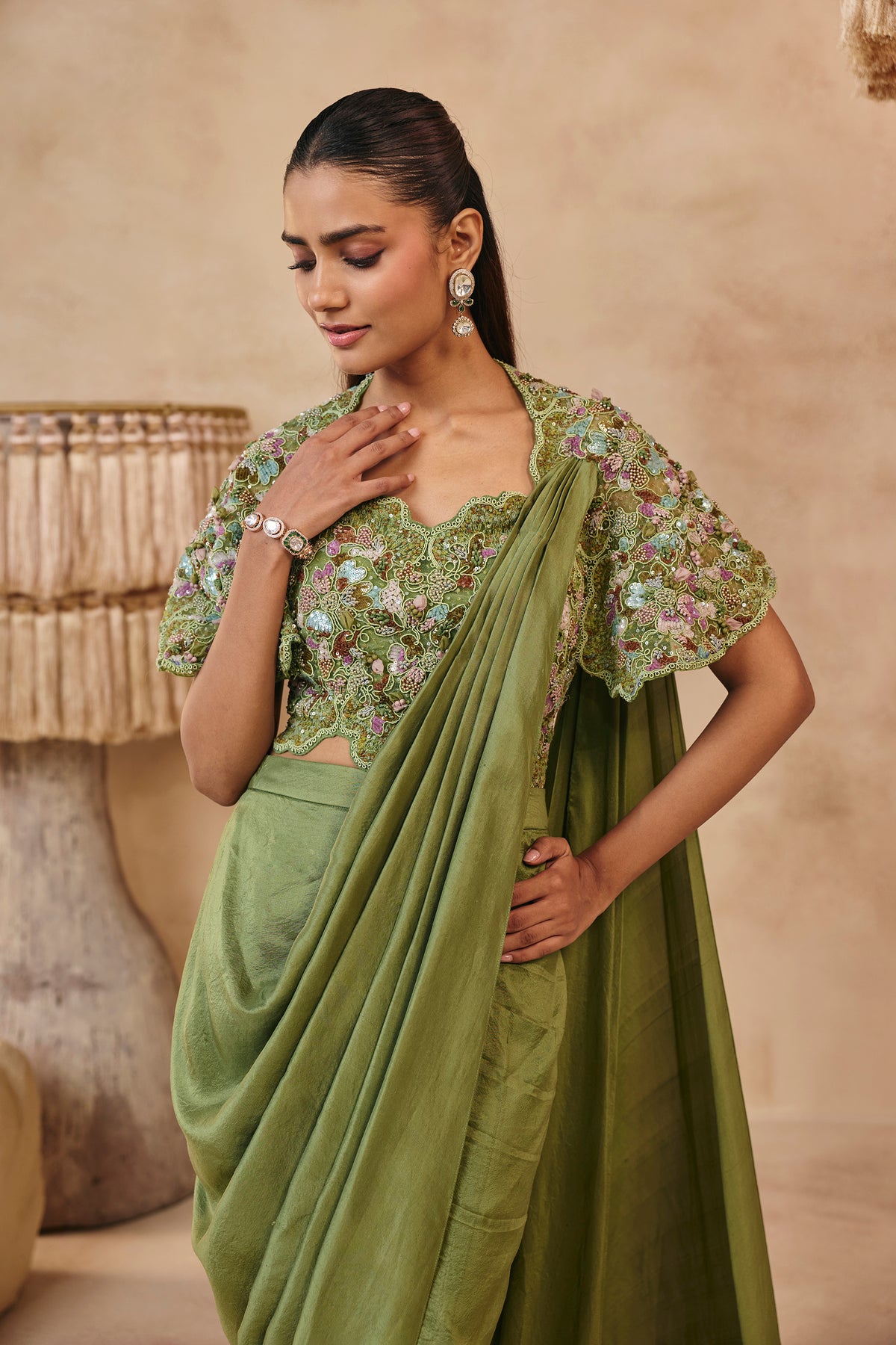 Fiza Saree Set - Olive Green