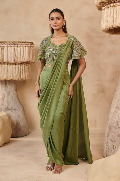 Fiza Saree Set - Olive Green