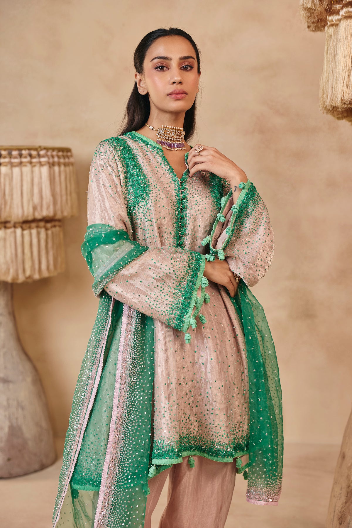 Zara Kurta Set - Barbie Pink & Jade