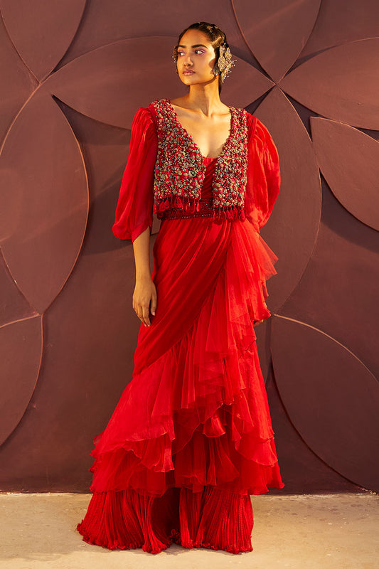 Rouge Ruffled Sari set