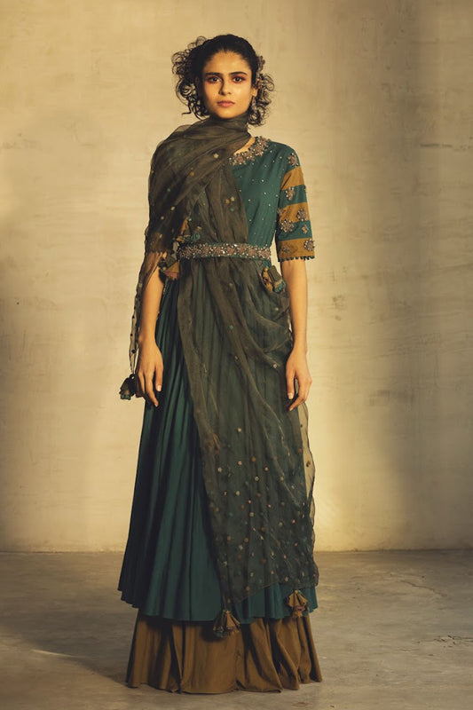 Teal and Olive layered anarkali set