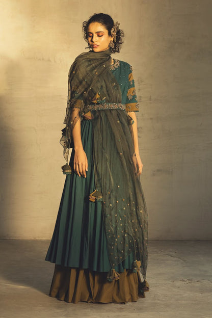 Teal and Olive layered anarkali set