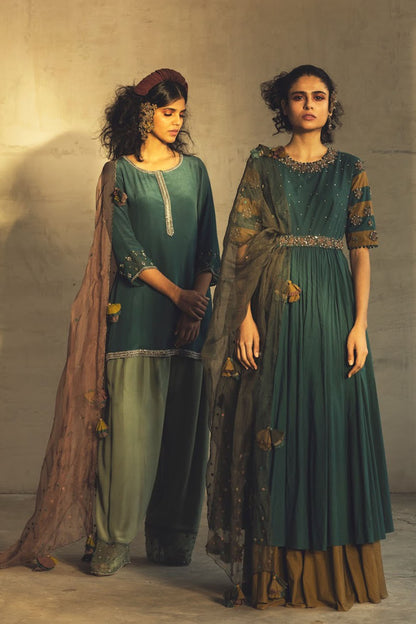 Teal and Olive layered anarkali set