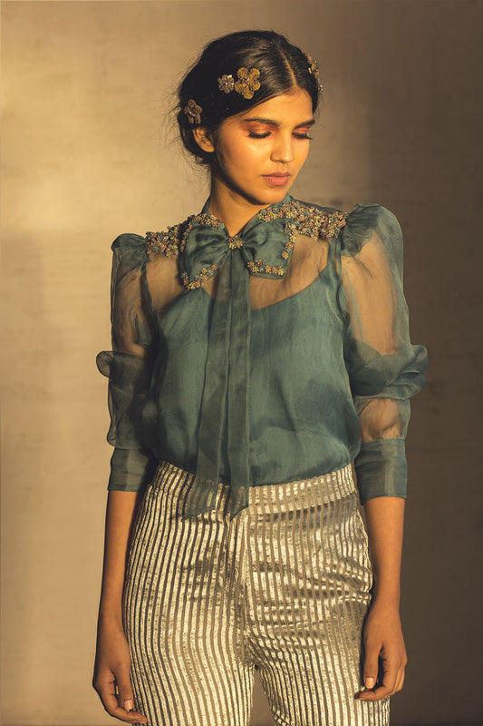 Teal Bow organza shirt with Inner